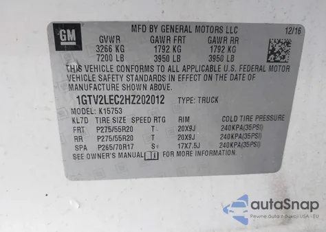 2017 GMC Sierra 1500 z USA, uszkodzony, nr VIN 1GTV2LEC2HZ202012